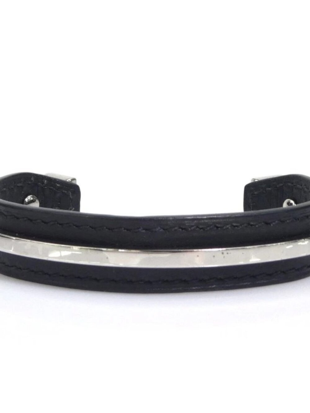 Auth HERMES Bangle Bracelet Black/Silver Leather/Metal - e61169a